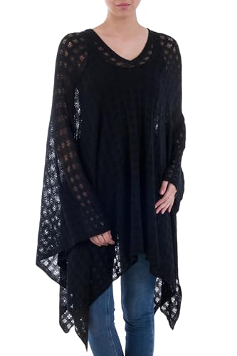 NOVICA Artisan Handmade Baby Alpaca Blend Poncho Black Bohemian Style One Size Fits Most from Peru Wool Clothing Patterned ' Beautiful Shadow'