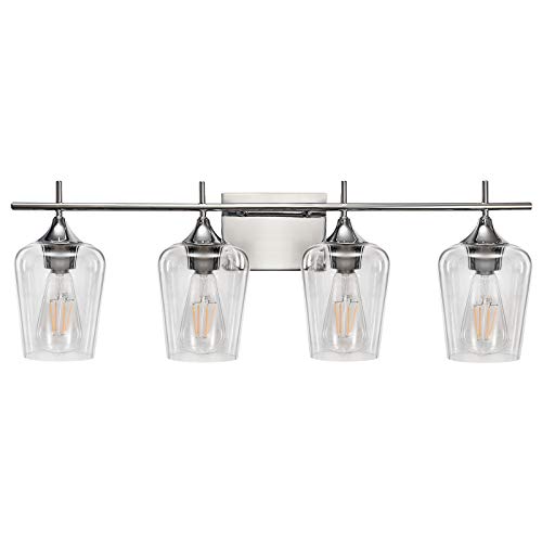 Zicbol Vanity Lights Fixtures, 4 Light Bathroom Light, Chrome Wall Light with Clear Glass Shade, Modern Bathroom Wall Sconce Lighting for Bath, Living Room, Bedroom, Stairs, Gallery, Restaurant