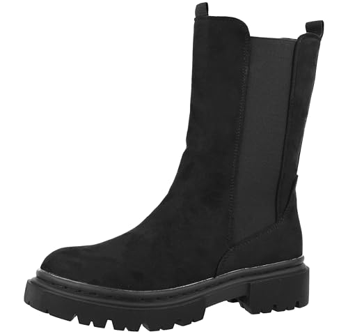 Image of Yinka Women's Mid-Calf Black Faux Suede Chunky Platform Sole Side Zip Closure Combat Boots (Black, 3, UK Footwear Size System, Adult, Women, Numeric, Medium, 3)