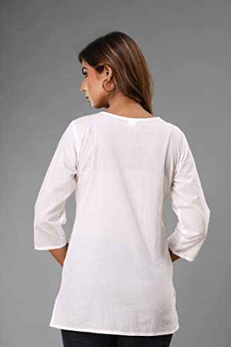 Image of Lucknowi Chikan Embroidered Short Casual White Kurti for Women