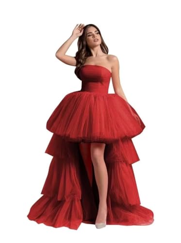 High Low Tulle Prom Dresses Long Strapless Tiered Formal Dresses A Line Evening Dress with Train