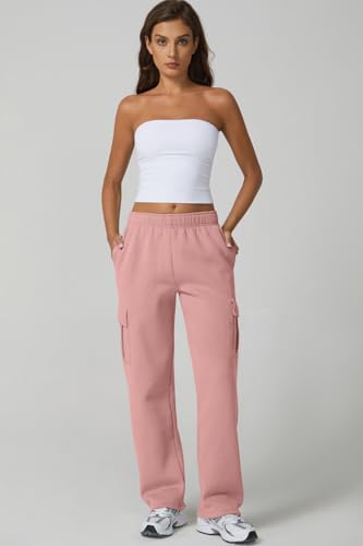 Image of QINSEN Baggy Medium Waist Elastic Sweatpants for Womens Casual Long Fleece Cargo Pants with Pockets