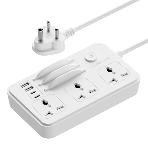 Image of HAMMER Power Strip with 3 Universal Sockets with Child Security, Total 40w (2 USB Ports and 2 Type C 20w PD Individual), Mobile Holder,High Temperature Surge Protector,2300W with 1.5 Meter Cable White