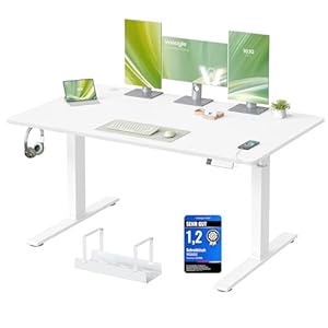 VASAGLE Höhenverstellbarer Schreibtisch, 140 x 80 cm, USB-C-Anschluss, Ablage für Steckdosenleiste, Stehtisch, Erinnerung bei langem Sitzen, 3 Speichertasten, für Büro, mattweiß LSD144WZ02