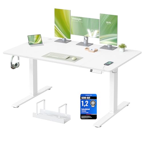 VASAGLE Höhenverstellbarer Schreibtisch, 140 x 80 cm, USB-C-Anschluss, Ablage für Steckdosenleiste, Stehtisch, Erinnerung bei langem Sitzen, 3 Speichertasten, für Büro, mattweiß LSD144WZ02