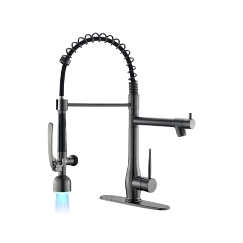 Image of GIMILI Black Stainless Kitchen Faucet with LED Single Handle Kitchen Sink Faucet with Pull Down Sprayer Commercial Double-Headed Stainless Steel Kitchen Faucets Sink with Deck Plate