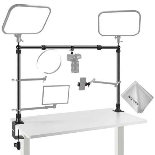 NEEWER NK002 Overhead Camera Mount Rig Platform con Soporte Teléfono/2 Cabezas/Brazos/Super Clamp/Paño para Mic Webcam, Soporte Escritorio Múlti Dispositivo con Ancho Altura Ajustable,Carga 26lb/12kg