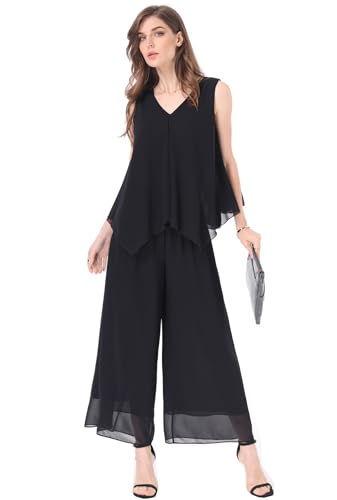 Women's 2 Piece Chiffon Sets Outfits Flowy Summer Casual Dressy Pantsuits Double Layers Blouse Capris Pants Suits