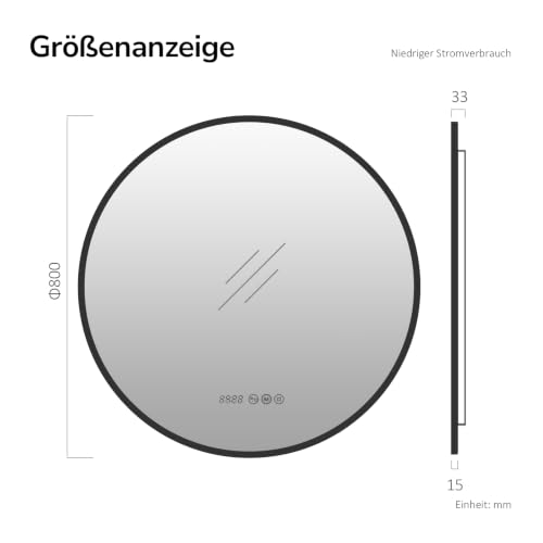EMKE Badspiegel mit Beleuchtung Rund 80cm, Schwarzer, 3 Lichtfarben – Ansicht 2