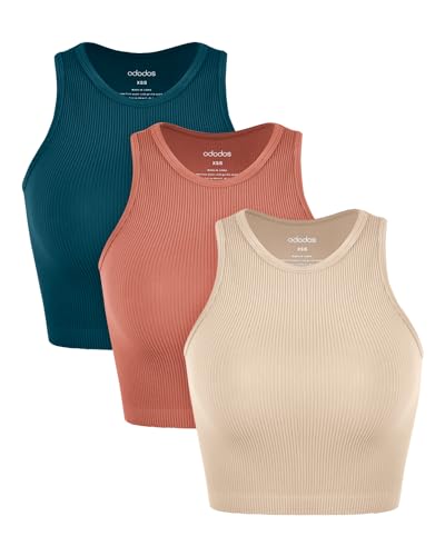 ODODOS 3-Pack Seamless Crop Tank for Women Ribbed Soft High Neck Cropped Tops, Beige+Coral+Teal, X-Small/Small