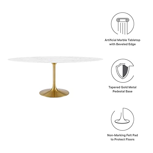 Image of Modway Lippa 78 inch Oval-Shaped Mid-Century Modern Dining Table with Artificial Marble Top and Gold Base
