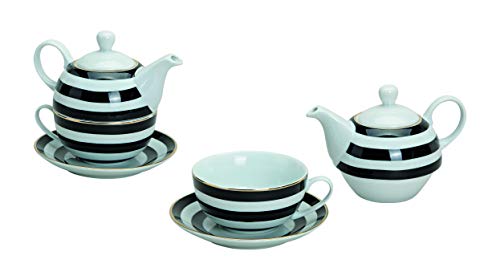 MC-Trend Tea for one Set 3-delig porseleinen theepot met kop en schotel in zwart wit strepen look design