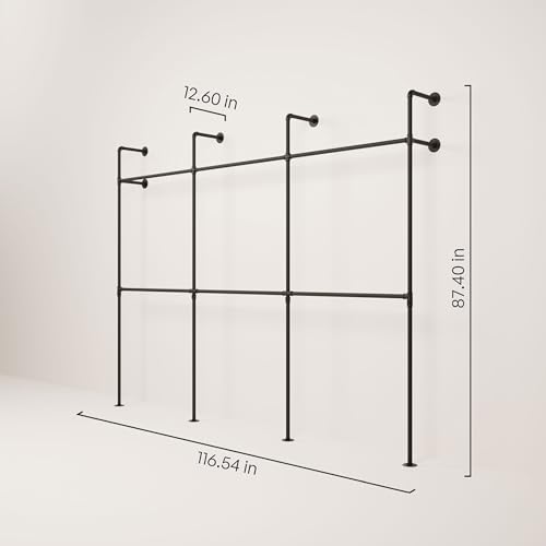 pamo Industrial Pipe Clothing Rack – Wall Mounted Black Closet System in Powder-Coated Steel – 116.54" W × 87.4" H – Easy Setup – Ideal for Walk-In Closets & Retail Use