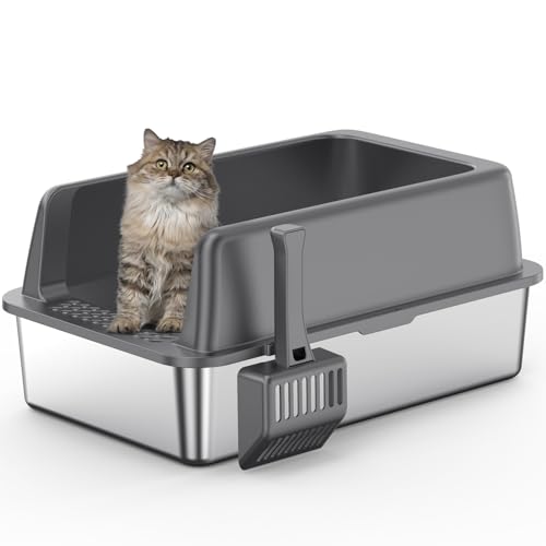 Bug Hull Stainless Steel Litter Box Enclosure, High Sided Cat Litter Box, Metal Litter Pan with Lid, Extra Large Litter Box with Scoop, Dark Gray