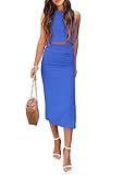 PRETTYGARDEN Women's 2 Piece Summer Outfits Crewneck Tank Tops Split Bodycon Midi Skirt Set (Blue,Large)