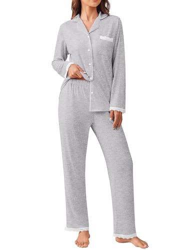 Image of Ekouaer Womens Pajamas Set Long Sleeve Sleepwear Button Down Lounge Set 2 Pieces Soft Nightwear Lace Pjs Set