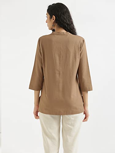 Image of SAADAA Women Short Kurti Airy Linen Regular Fit Kurta with 3 /4th Sleeves, Mandarin Collar, Side Slit Perfect for Casual, Formal, and Ethnic Wear