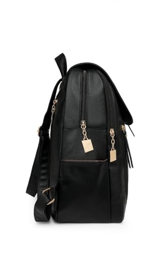 Image of H-SQUARE LuxeTech Ladies Laptop Backpack - Stylish Leather Bag with Gold Buckle, Laptop Compartment & Dual Zipper Pockets