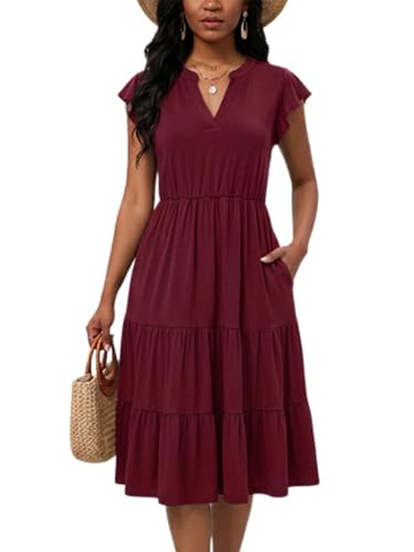 Image of Womens Summer Dress Ruffle Sleeve V Neck Midi Dresses Casual Fit Flowy Tiered Boho Beach Vacation Sundress