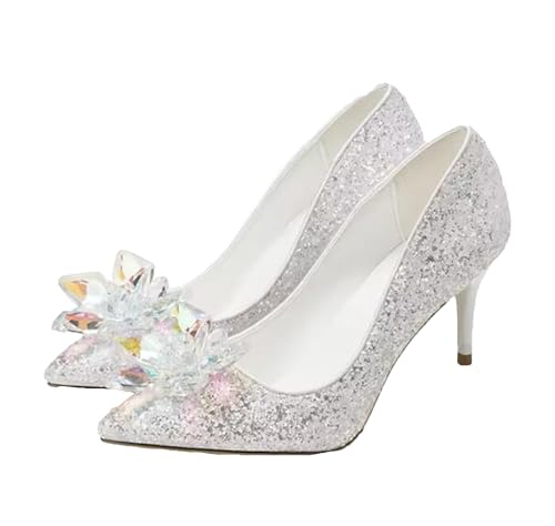 Women's Glitter Crystal White Dress Shoes Pointed Closed Toe Slip On Silver Heels 2.76 in Office Business Casual Pumps