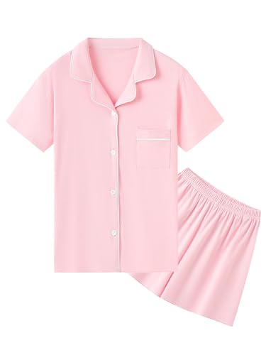 QZH.DUAO Girls & Women's Pajamas Set 100% Cotton PJ Set Button-Down Short Sleeve Sleepwear for Ages 5-14