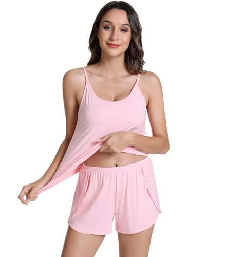 Image of NACHILA Women's Pajamas Set-Viscose Made from Bamboo,Sleeveless Sleepwear Cami Pajamas Shorts Sets Soft Nightwear Camisole Pj
