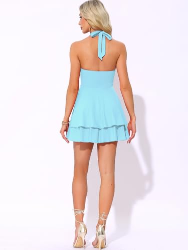 Image of Allegra K Halter Dress for Women's Party Skater Ruffle Backless Slim Fit Short Mini Dresses