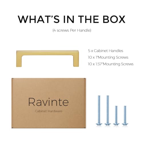 Image of Ravinte Brushed Gold Kitchen Cabinet Solid Handles,3-3 /4 Inch,5 Pack | Solid Zinc Alloy, Modern Slim Style, Square Design, Deep-Thread Firm Base, Screws Included, for Kitchen Drawers & Cupboards