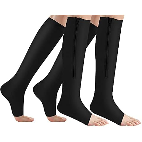 2 Pairs Zipper Compression Socks Calf Socks 15-20 mmHg with Open Toe Best Support Zipper Stocking for Edema, Swollen, Pregnancy Cover