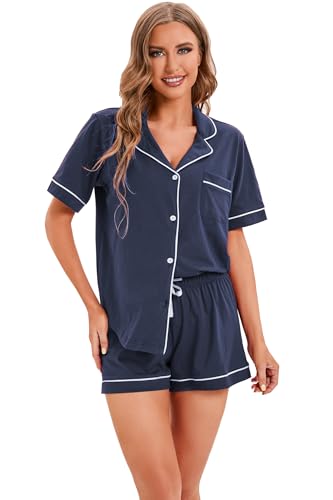 Image of LUBOT 100% Cotton Pajamas for Women 2 Piece PJ Set Button-Down Soft Knit Short Sleeve Summer Sleepwear Loungewear XS-XXL
