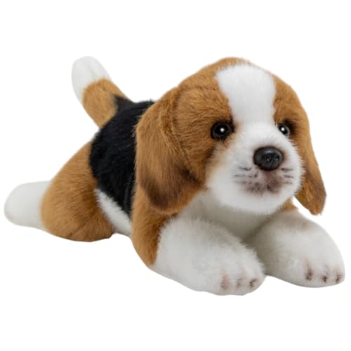 La colorazione tipica del beagle in marrone, bianco e nero è particolarmente realistica e rende questo piccolo cane in peluche un vero colpo d’occhio.