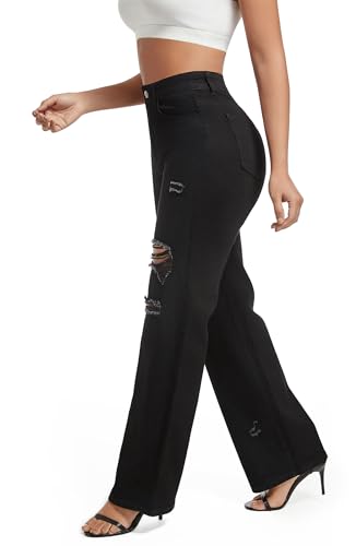 Aodrusa Ripped Wide Leg Jeans for Women Mom Baggy Straight Leg Stretchy Boyfriend Trendy Trouser Denim Pants3