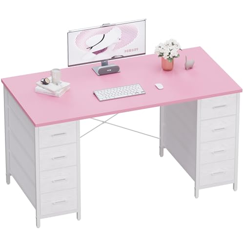 The Pamray 47 inch pink desk with eight fabric drawers visible