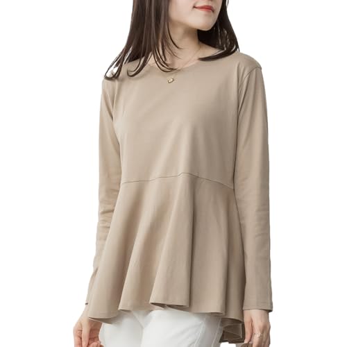 WK-0479 裾フレア長袖カットソー オフィスカジュアル レディース 大きいサイズ M L LL 3L 4L 5L 黒 白 GRAY BEIGE LL-3L