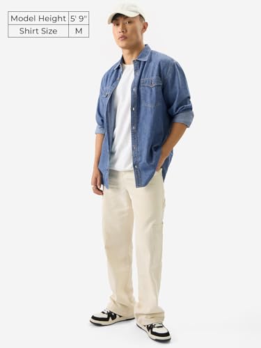 Image of The Souled Store Men Classic Denim Washed Blue Solid Shirts Shirt for Men Casual Half Sleeves Regular Fit Printed Stylish Cotton Summer Branded Wrinkle Free Trending Trendy Summer We