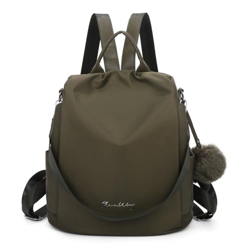 OLIVIA WONG Mochila antirrobo Impermeable para mujer (13L)| Mochila Convertible en bolso con pompom y Asa desmontable de adorno   Verde Militar Militar