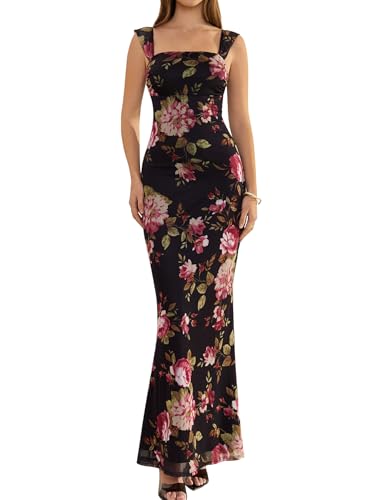 EYNMIN Women's Summer Floral Maxi Dress Square Neck Sleeveless Mesh Bodycon Long Wedding Guest Dresses