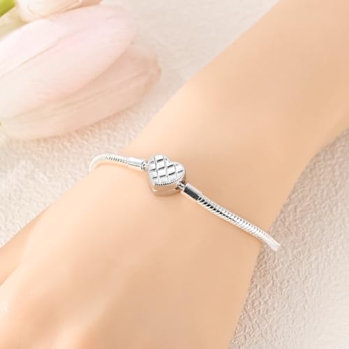 Image of 925 Sterling Silver Snake Chain Bracelets Fit Pandora Charms,Heart Clasp Bracelets Perfect For Any Glamour Gift for Women with 5 A Cubic Zirconia