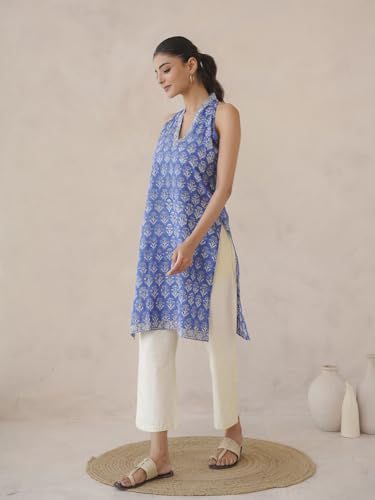 Image of GOODHAND Chic Cotton Halter Kurti with Timeless Block printsPerfect for Casual outings or Festive Flair-Where Traditional Charm Meets Modern Silhouette