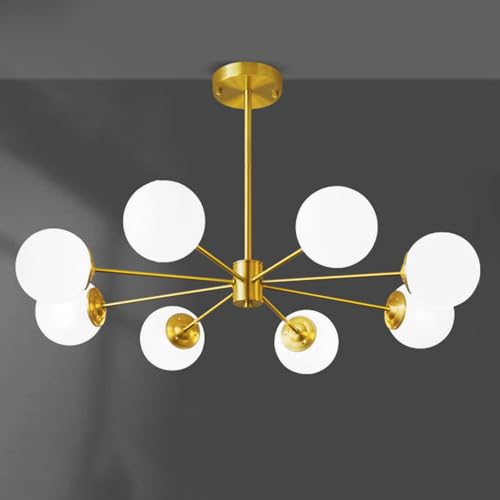 Plafonnier en laiton brossé mi-siècle et verre de lait à 8 lumières pour salle à manger