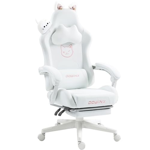 Dowinx Gaming Stuhl,Gamer Chair,PU Leder Sessel mit Katzenohren und Katze - Dekoration,Ergonomischer Gamingstuhl,150KG Tragkraft PC Stuhl,Verstellbar Fußstütze Armlehnen Rückenlehne,Katze - Weiß