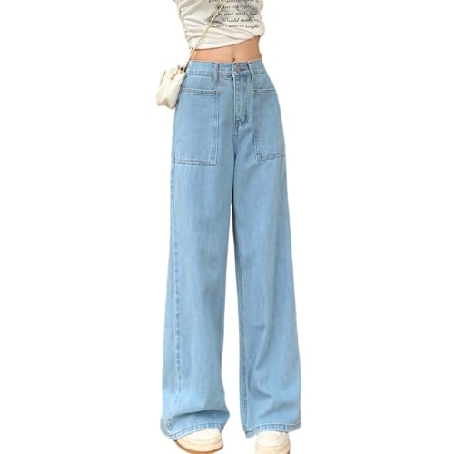 Women's Casual Mid Waist Cargo Jeans Elastic Waist Loose Jeans 90s Straight Baggy Wide Leg Denim Pants for Women