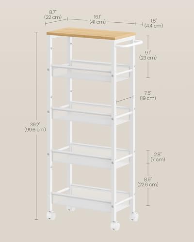 Image of VASAGLE Slim Rolling Cart, 5-Tier Storage Cart, Narrow Cart with Handle, 8.7 Inches Deep, Metal Frame, for Kitchen, Dining Room, Living Room, Home Office, Oak Beige and Classic White ULRC035W09
