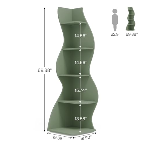 Tribesigns Corner Shelf, Modern 5-Tier Wall Corner Bookshelf, Stylish Corner Small Bookcase Storage Rack Plant Stand with Unique Shape for Living Room, Home Office (Sage Green, 1PC)