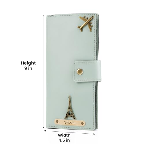 Image of AICA Personalized Name & Charm Long Leather Wallet Passport Cover (Mintgreen) with Passport, Boarding Pass, Currency, Card Slot & Coin Holder for Men & Women | Diwali Gifts for Family and Friends