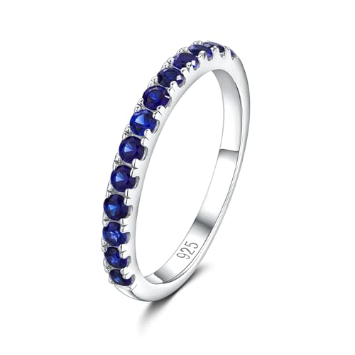 DAYBYDAY 925 Sterling Silver Sapphire Band Rings for Women Stackable Birthstone Rings Blue Gemstone Wedding Band Half Eternity Ring Size 10