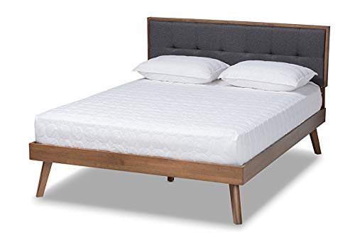 Wholesale Interiors Baxton Studio Alke Mid-Century Modern Dark Grey Fabric Upholstered Walnut Brown Finished Wood King Size Platform Bed #TOP2
