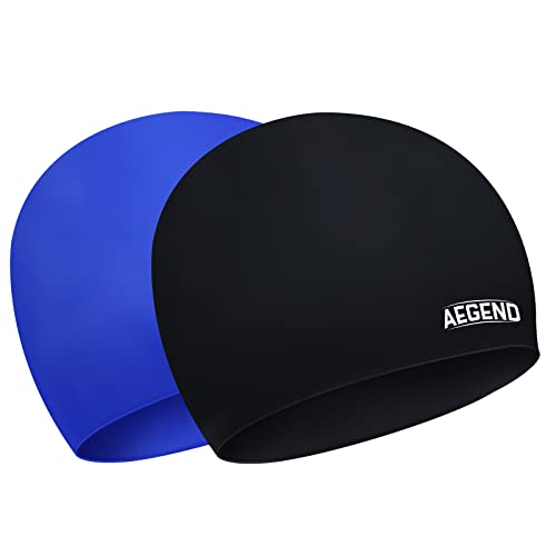 Aegend Unisex Swim Caps Waterproof Silicone Swimming Cap Adult For Men, Women, Youth, 2 Pack, Black & Blue, Large #TOP29