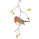 Gift Birds Handmade Stained Glass Suncatcher Genuine Stained Glass Window Hanging Unique Indoor Ornament & Outdoor Decor (Robin)