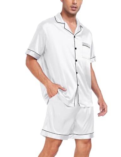 Image of SWOMOG Men Satin Silk Pajamas Sets Short Sleeve Sleepwear Button-Down PJs Sets Two-Pieces Loungewear with Pockets